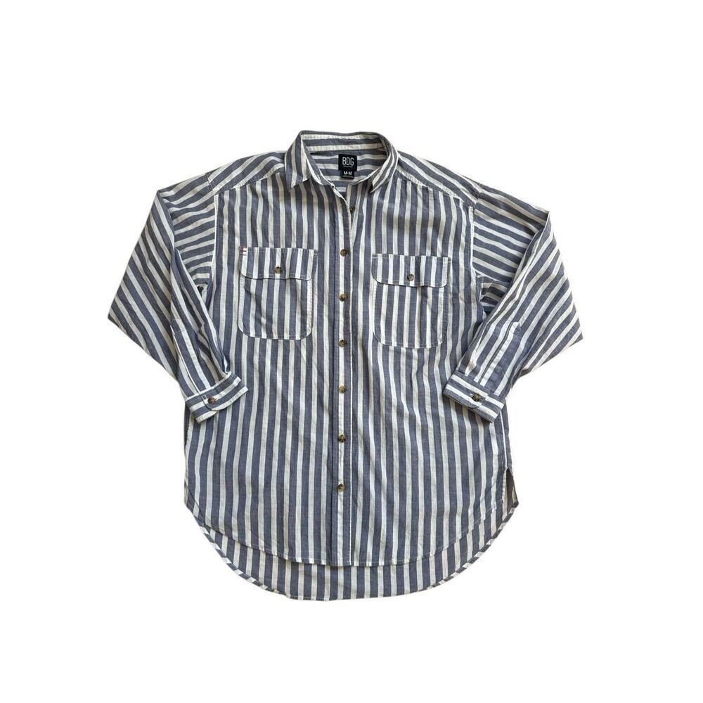 Urban Outfitters BDG Wide Blue and White Striped Button Down Shirt Medium Womans